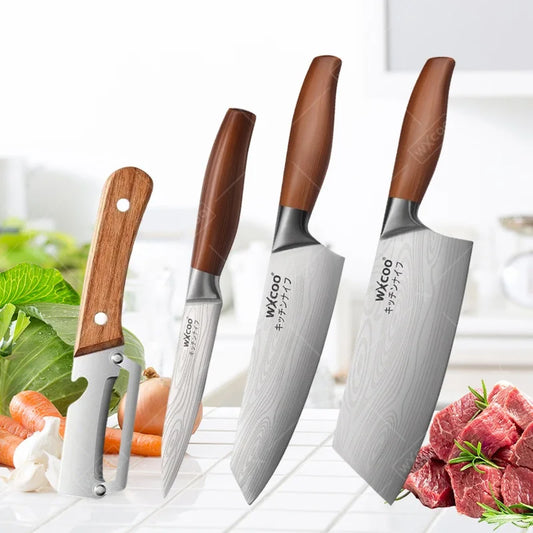 1-4PCS WXCOO Kitchen Knife Set Fruit Peeler Damascus Pattern Chef Knife Tools for Vegetables and Fruit Peeling stainless steel