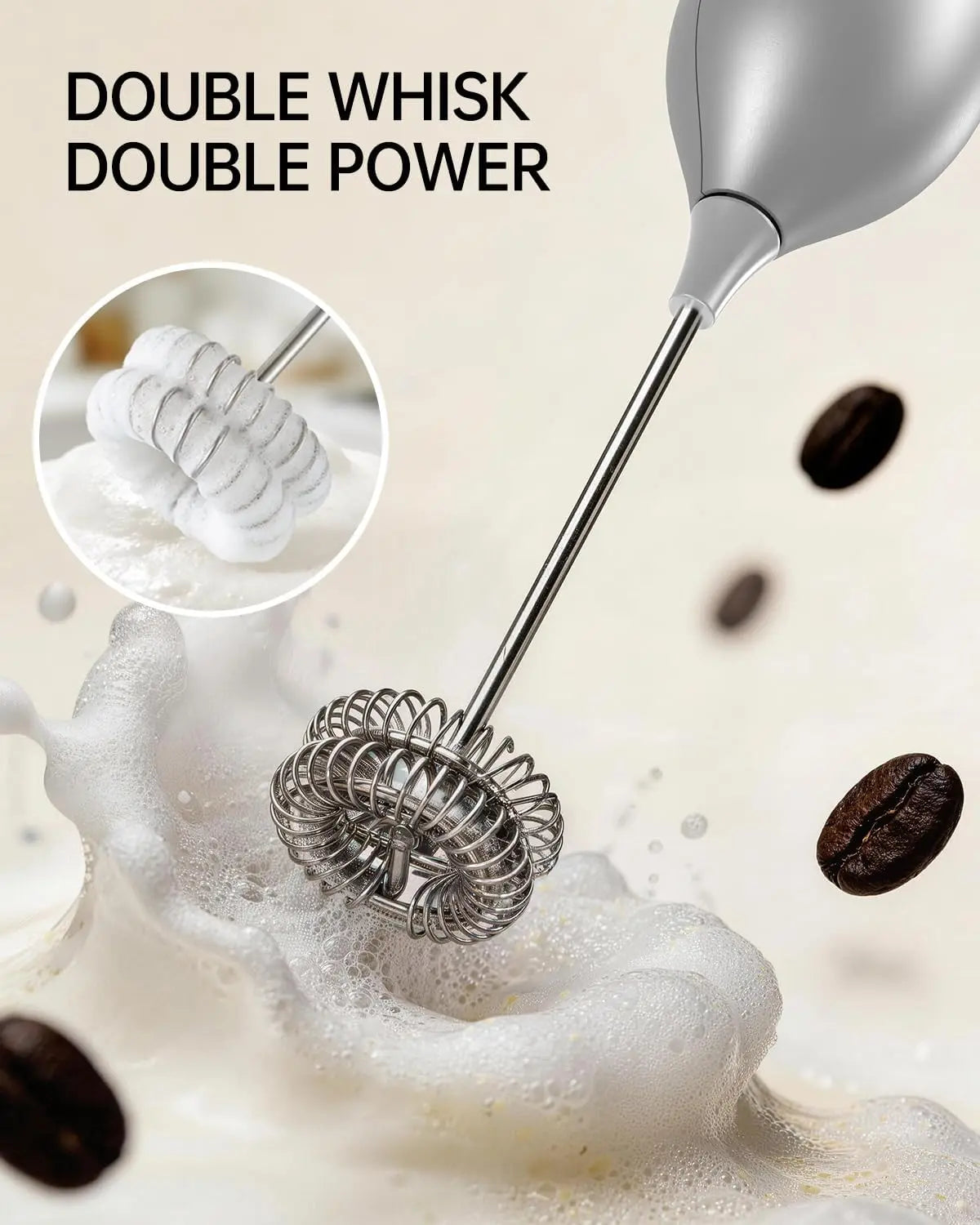 Rechargeable Milk Frother Handheld with Stand, Dual Spring Whisk Electric Foam Maker, Detachable Wand for Lattes, Cappuccino, Hot Chocolate, Silver