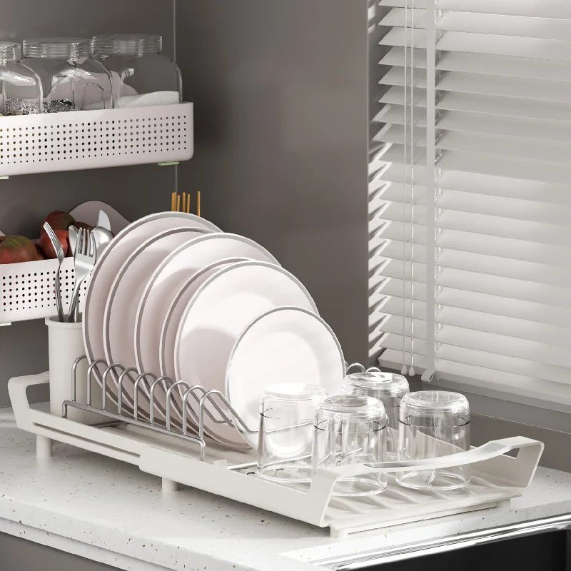 Expandable Dish Drying Rack Dish Organizer Fork Holder Kitchen Countertop Storage Organizer Space Saving Dish Storage Shelf