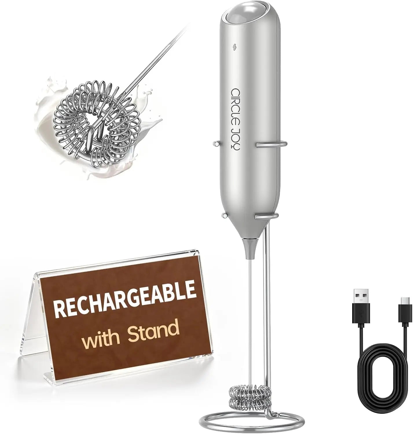 Rechargeable Milk Frother Handheld with Stand, Dual Spring Whisk Electric Foam Maker, Detachable Wand for Lattes, Cappuccino, Hot Chocolate, Silver
