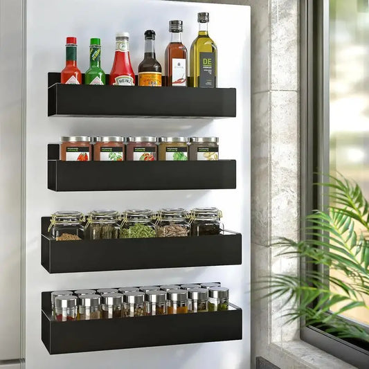 Magnetic Spice Rack for Refrigerator, Kitchen Organizer and Storage Shelf, Black (4 Pack)