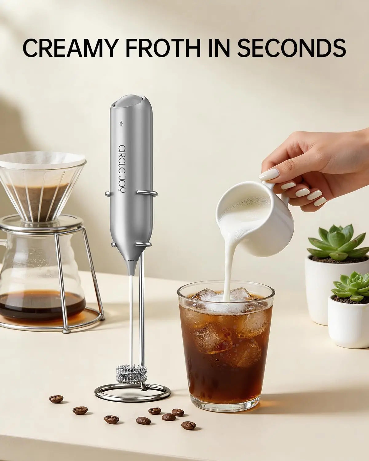 Rechargeable Milk Frother Handheld with Stand, Dual Spring Whisk Electric Foam Maker, Detachable Wand for Lattes, Cappuccino, Hot Chocolate, Silver