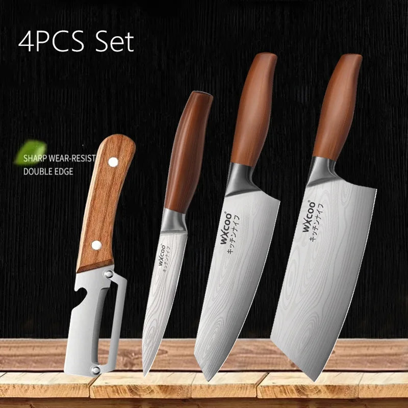 1-4PCS WXCOO Kitchen Knife Set Fruit Peeler Damascus Pattern Chef Knife Tools for Vegetables and Fruit Peeling stainless steel