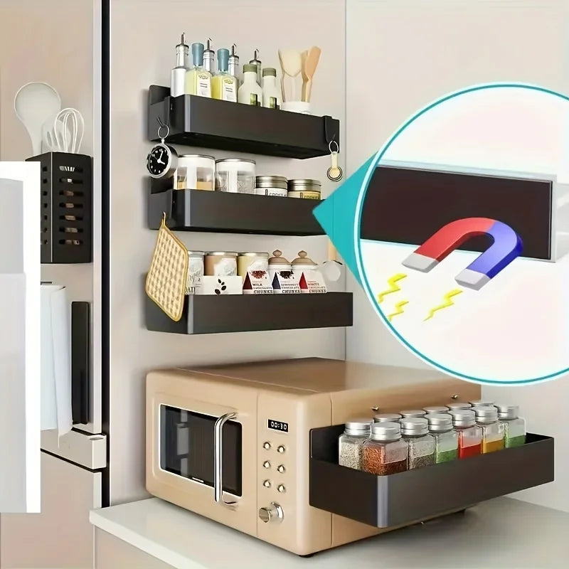 Magnetic Fridge Spice Rack Organizer Kitchen Storage Shelf Metal Wall Mounted for Jars Container Basket Seasoning Storage Box
