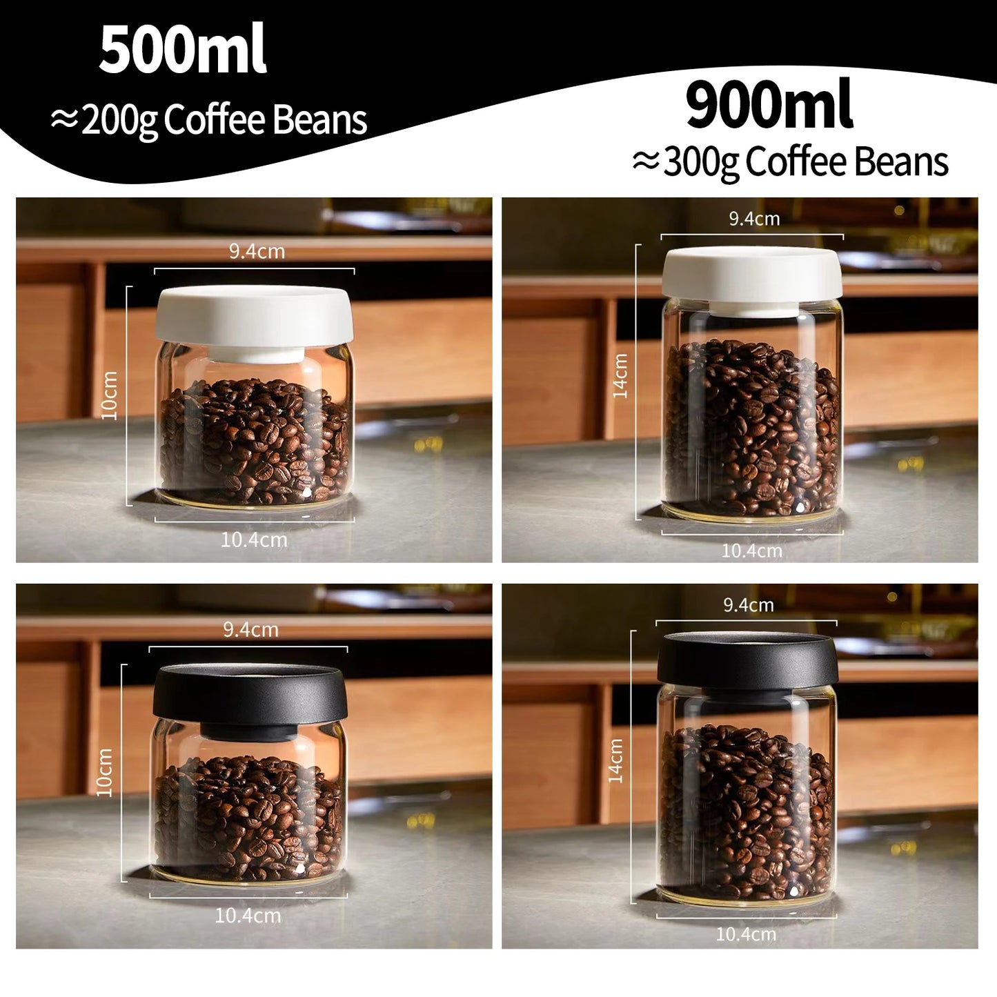 OANKR Vacuum Coffee Canister 500ml 900ml Food Storage Container, Airtight Glass Coffee Bean Jar, Professional Barista Accessorie