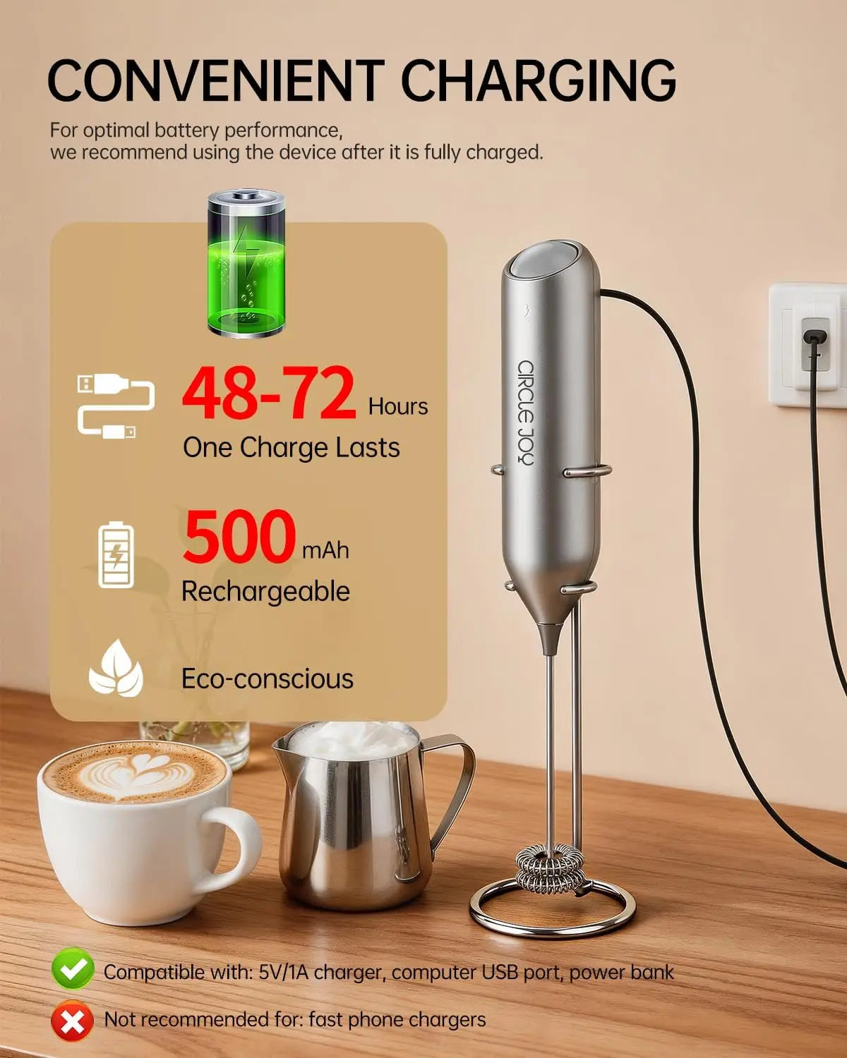 Rechargeable Milk Frother Handheld with Stand, Dual Spring Whisk Electric Foam Maker, Detachable Wand for Lattes, Cappuccino, Hot Chocolate, Silver