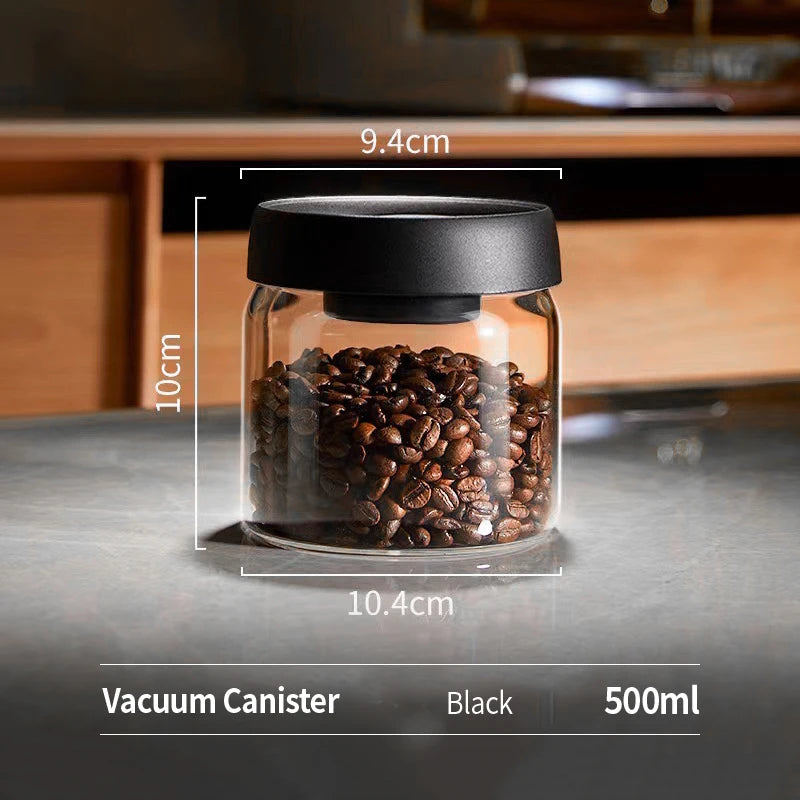 OANKR Vacuum Coffee Canister 500ml 900ml Food Storage Container, Airtight Glass Coffee Bean Jar, Professional Barista Accessorie