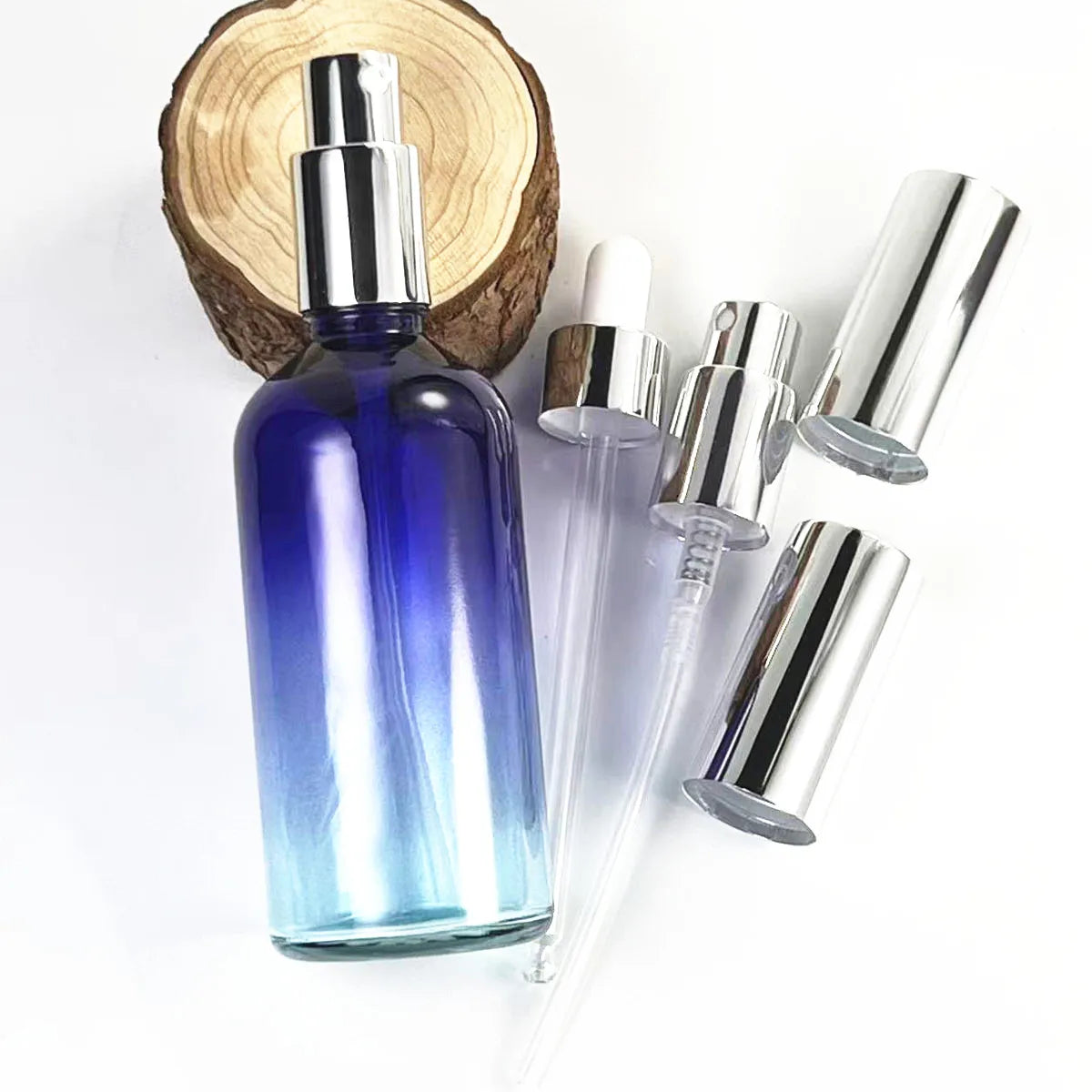 1X 3x 100ml Gradient Color glass bottle with Silver Perfume Sprayers, Essential Oil Glass Droppers, Serum Cream Pump