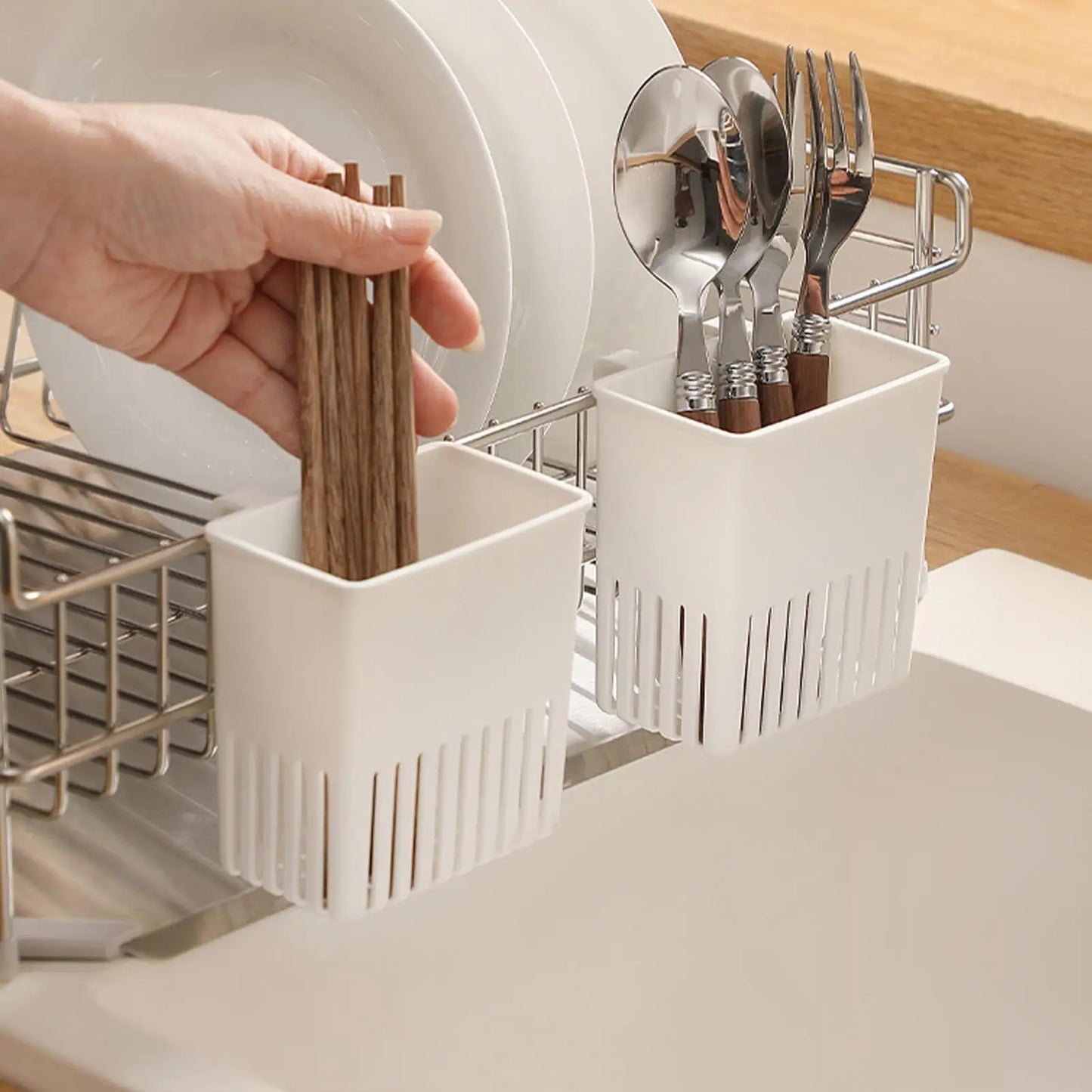 Cutlery Drying Rack Kitchen Sink Dish Rack Hanging Drainer Knife and Fork Storage Basket Expandable Cutlery Drainer