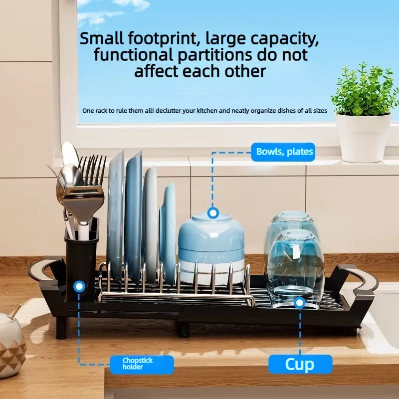 Expandable Dish Drying Rack Dish Organizer Fork Holder Kitchen Countertop Storage Organizer Space Saving Dish Storage Shelf