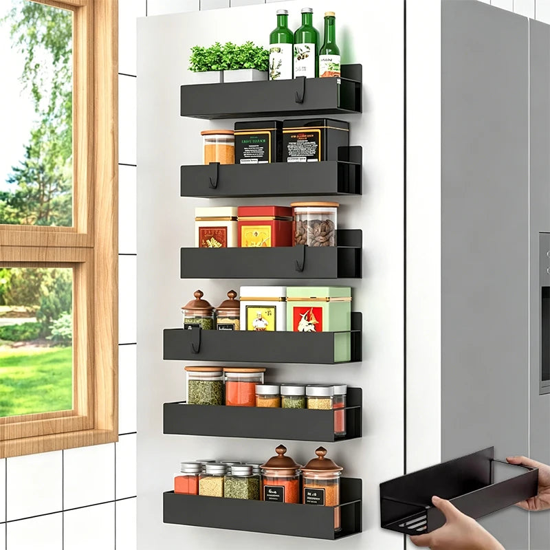 Magnetic Spice Rack for Refrigerator, Magnetic Shelf, Moveable Fridge Organizer with Hook Rack, Seasoning Organizer for Kitchen