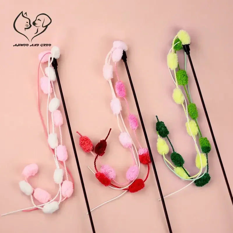 Cat Tassel Toy Plush Ball Cats Teaser Wand Cats Interactive Toys Funny Bell Ribbon PoleTeaser Wand Pet Cat Supplies Accessory