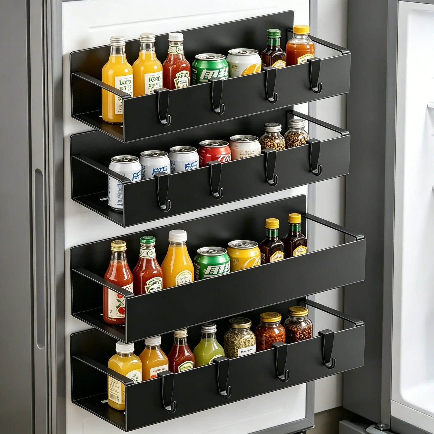 Magnetic Spice Rack for Refrigerator, Magnetic Shelf, Moveable Fridge Organizer with Hook Rack, Seasoning Organizer for Kitchen