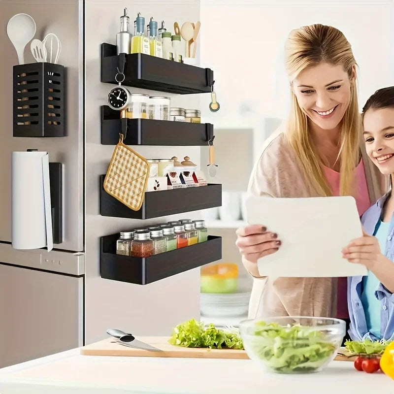 Magnetic Fridge Spice Rack Organizer Kitchen Storage Shelf Metal Wall Mounted for Jars Container Basket Seasoning Storage Box
