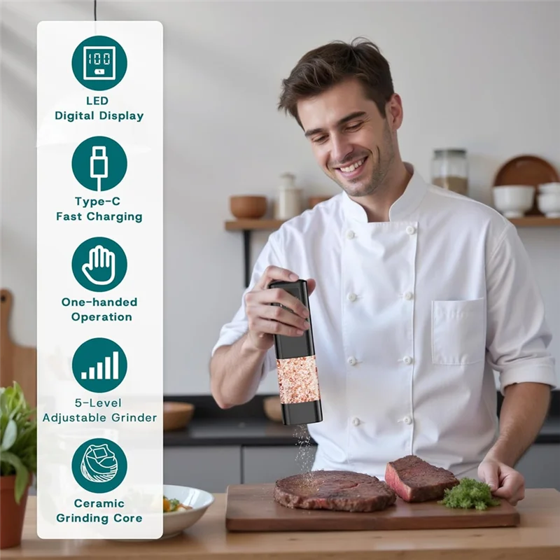 B59B-Electric Salt And Pepper Grinder Set Automatic Mill Adjustable Coarseness, Digital Display Included