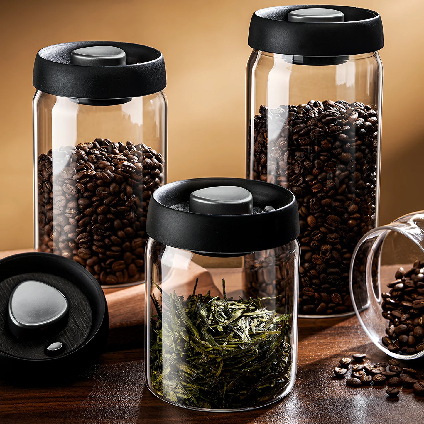 OANKR Vacuum Coffee Canister 500ml 900ml Food Storage Container, Airtight Glass Coffee Bean Jar, Professional Barista Accessorie