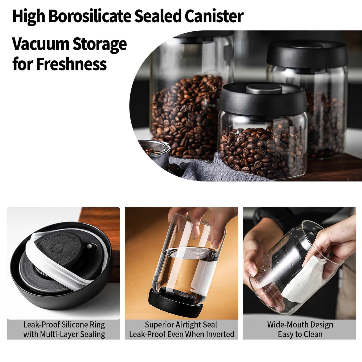 OANKR Vacuum Coffee Canister 500ml 900ml Food Storage Container, Airtight Glass Coffee Bean Jar, Professional Barista Accessorie