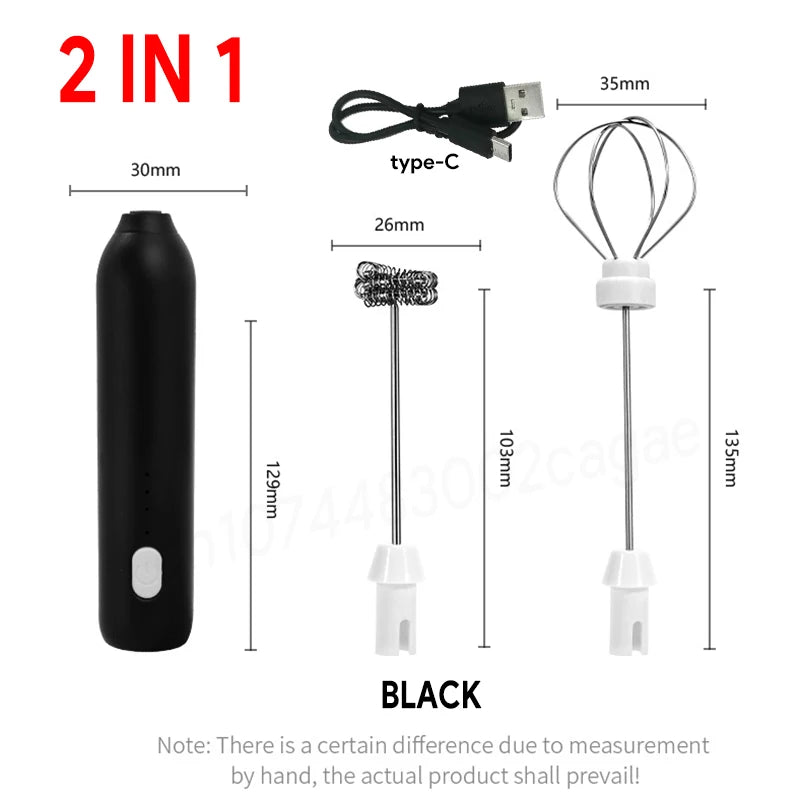 2 In 1 Electric Coffee Frother + Egg Beater Wireless Type-C Charging 3 Speeds Small Handheld Foam Maker Milk Whisk Cooking Tools