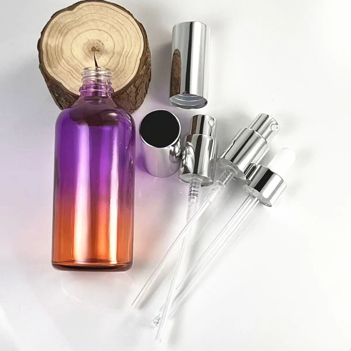 1X 3x 100ml Gradient Color glass bottle with Silver Perfume Sprayers, Essential Oil Glass Droppers, Serum Cream Pump