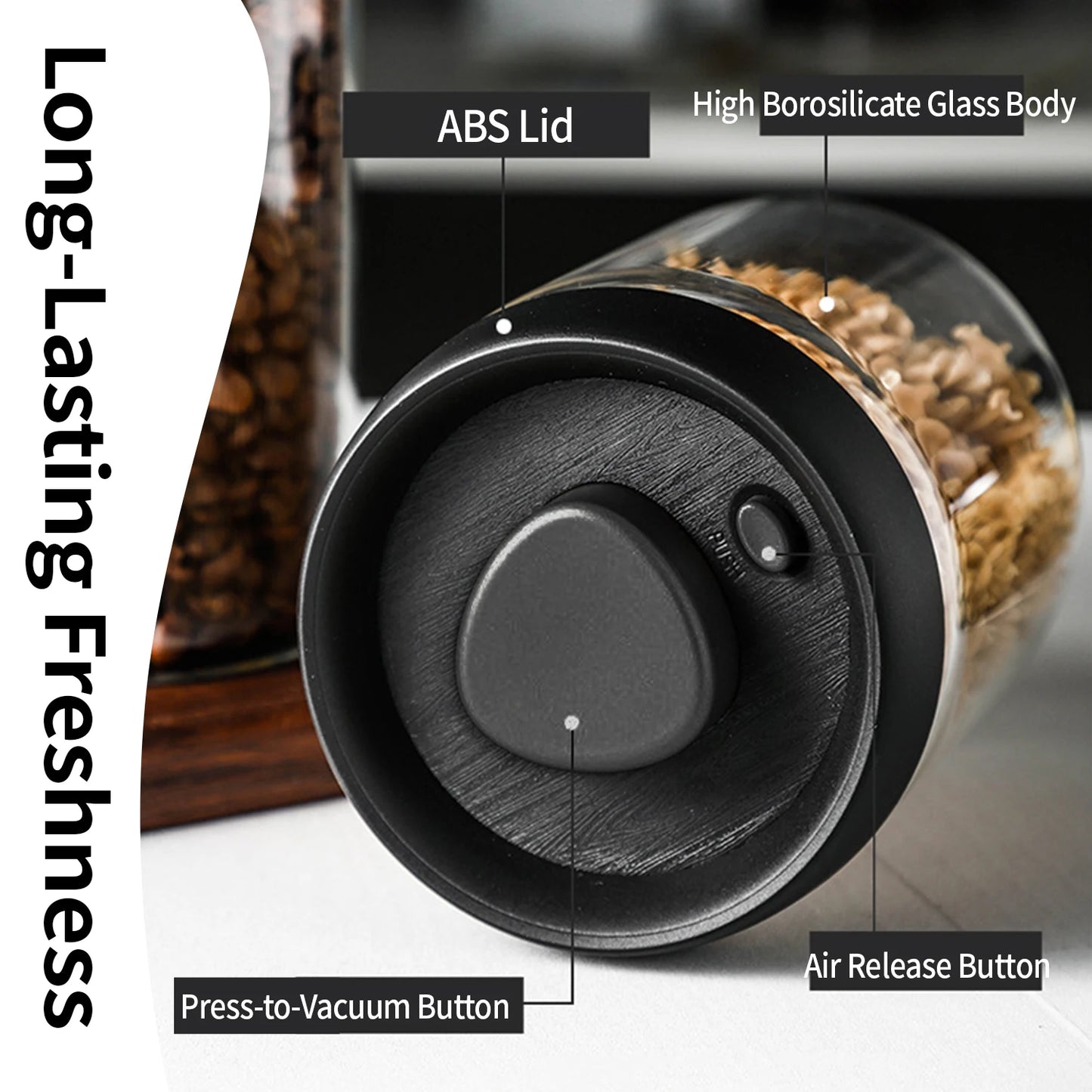 OANKR Vacuum Coffee Canister 500ml 900ml Food Storage Container, Airtight Glass Coffee Bean Jar, Professional Barista Accessorie