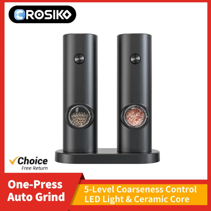 CROSIKO KYMQ-14BS LED Electric Pepper Salt Grinder 5 Gear Adjustable Ceramic Grinding Mill Kitchen Gadget